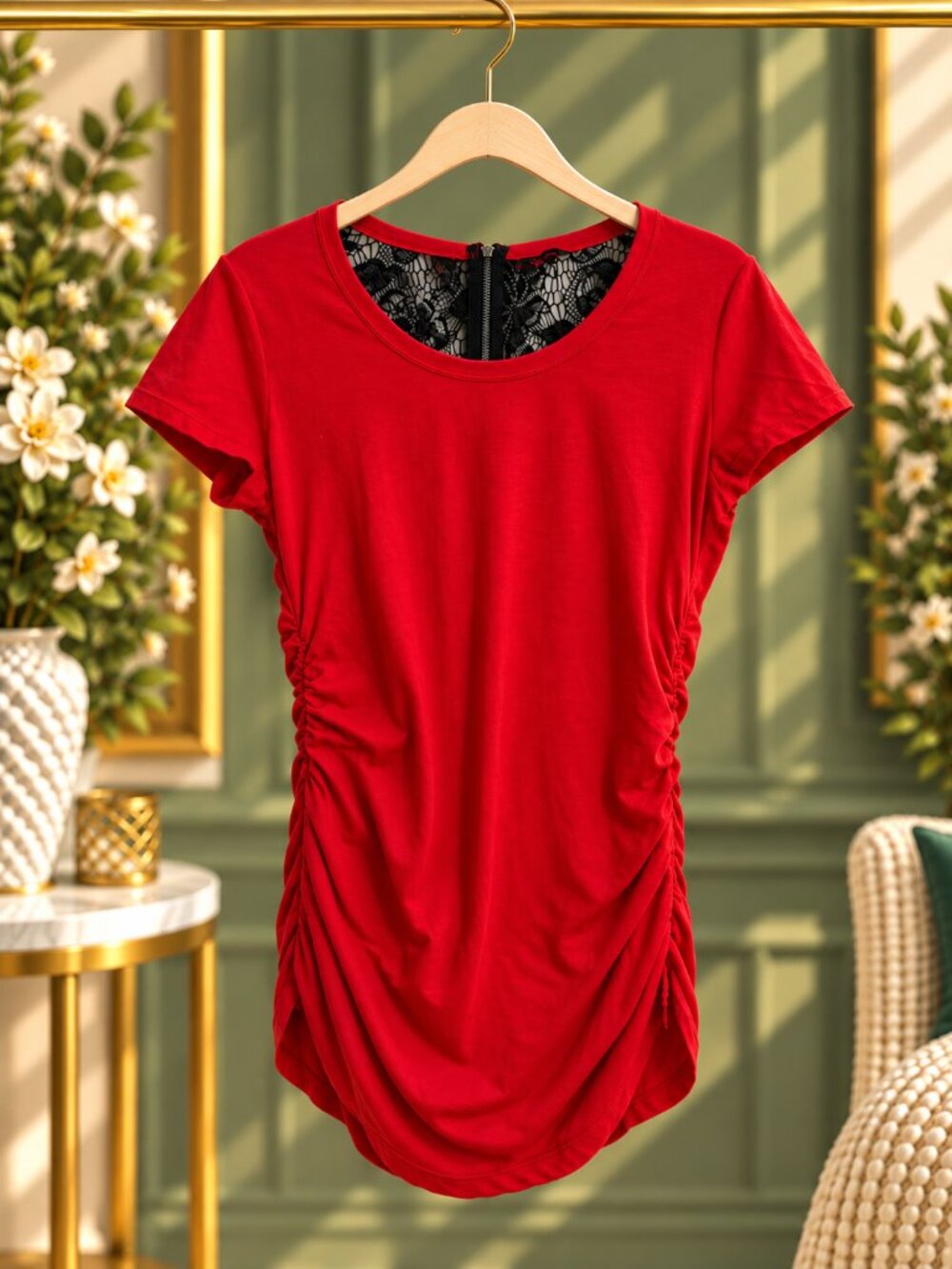 Sofia by Sofia Vergara Red Ruched Lace Back Tunic Top Size M